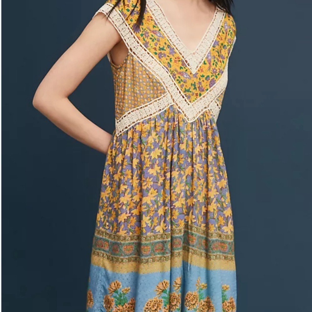 Anthropologie Yellow and Blue Floral Crochet-Trim Midi Dress